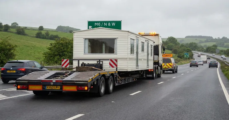Static caravan loaded on transport vehicle