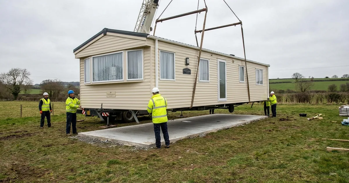 A static caravan being lowered onto a prepared concrete base on private land