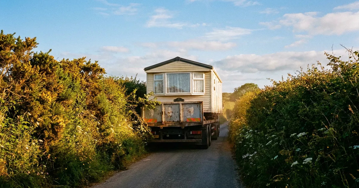 Static caravan being transported on a flat-bed lorry along a narrow Cornish lane in Cornwall