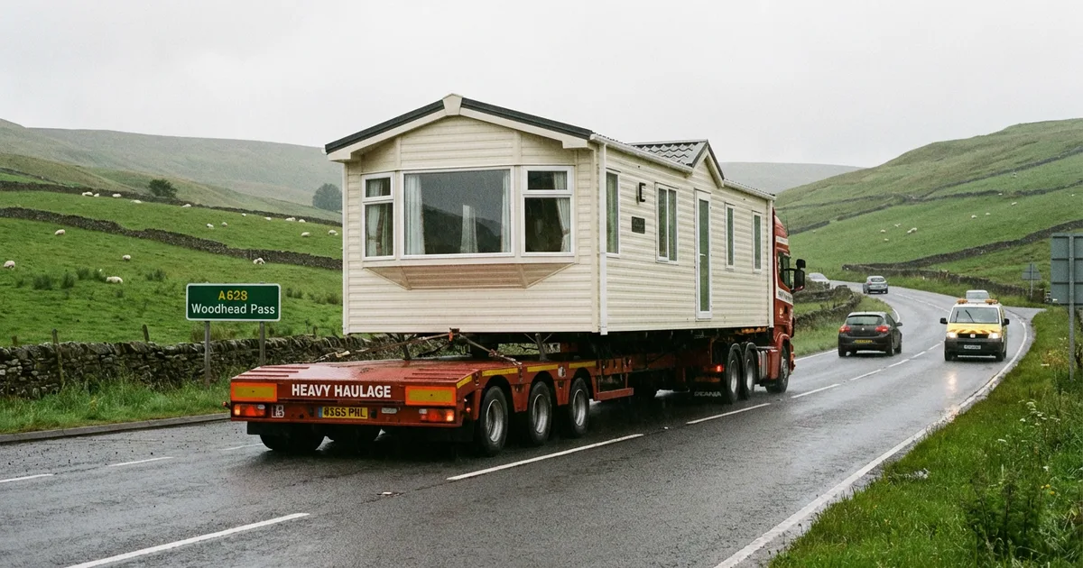 A static caravan loaded on a specialist low-loader being moved along a UK motorway