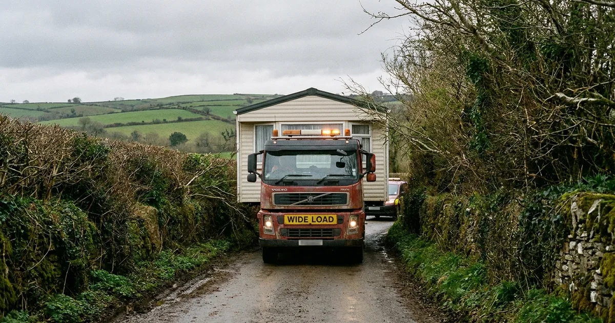 Static caravan on a low-loader being transported along a narrow Devon country lane in North Devon