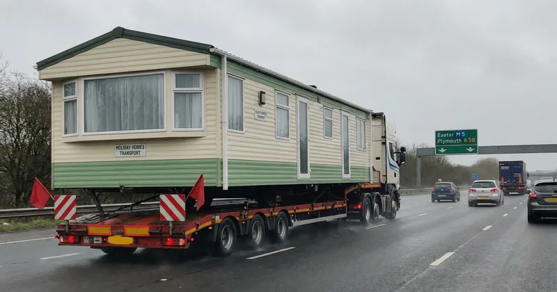 Static caravan being transported on a UK road