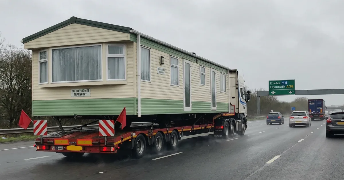 A static caravan secured on a specialist low-loader being transported along a UK road