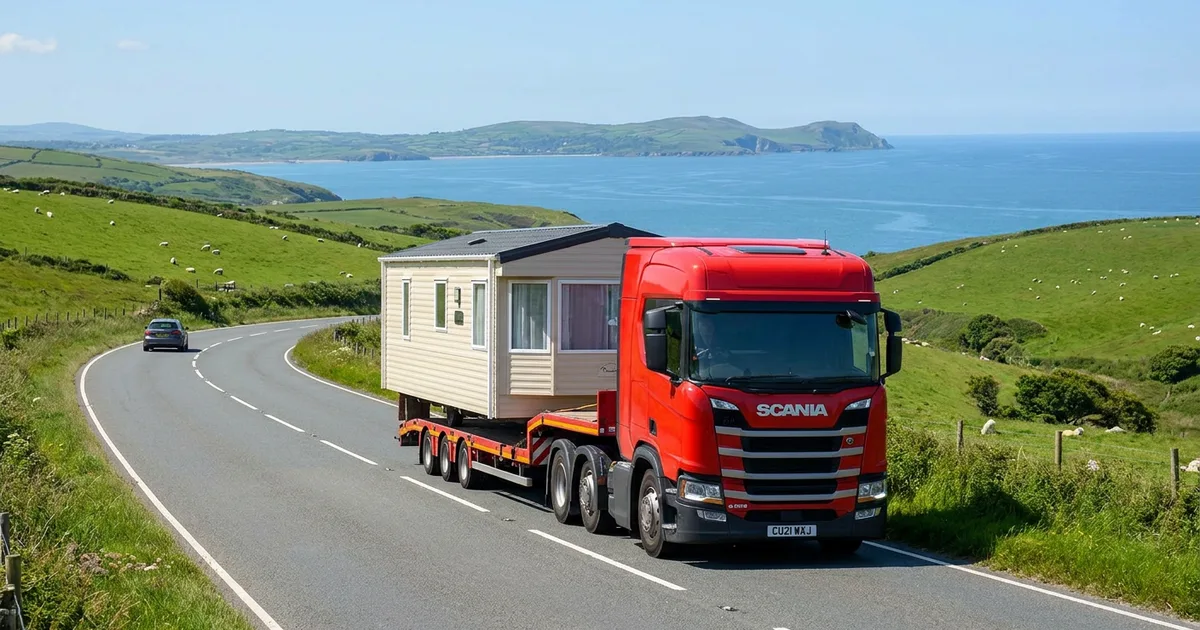 Static caravan being transported on a low-loader along a Welsh A-road with green hills behind