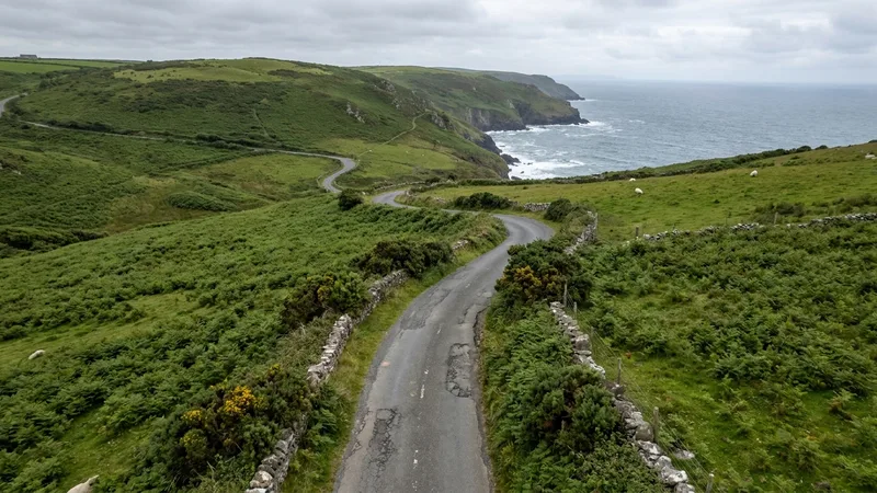 A narrow Welsh B-road winding through hilly coastal countryside