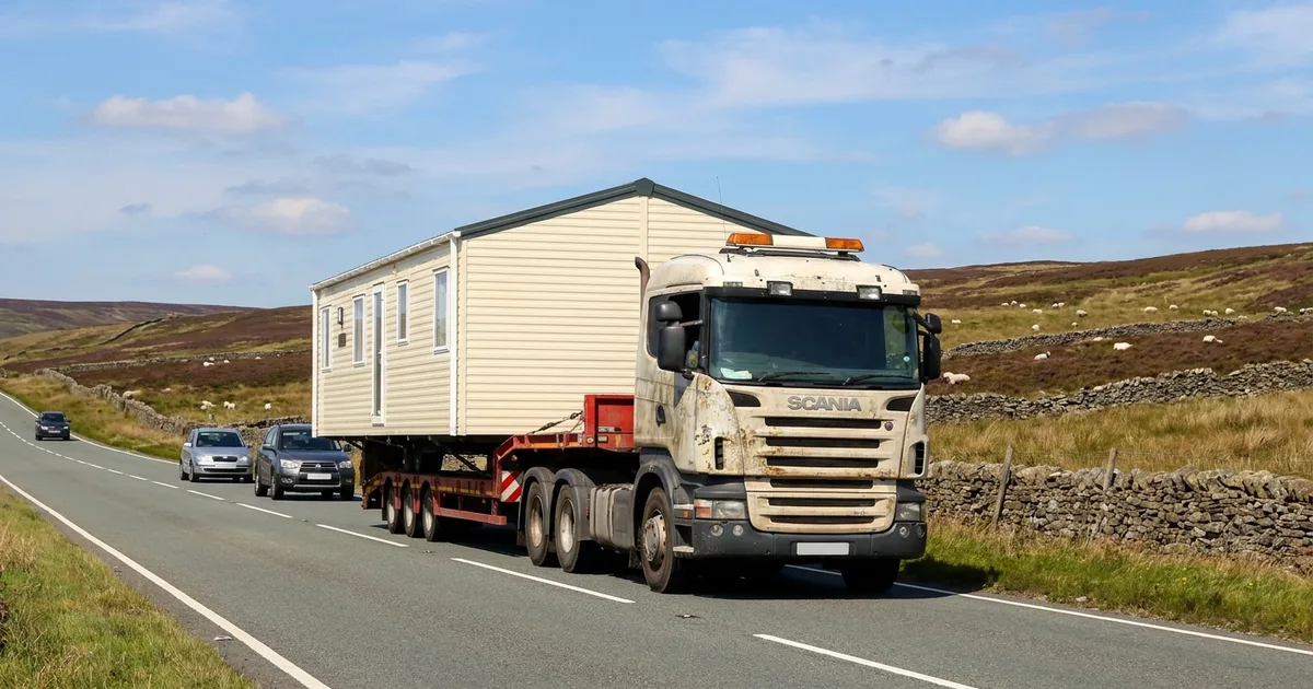 Static caravan being transported by low-loader across the Yorkshire moors