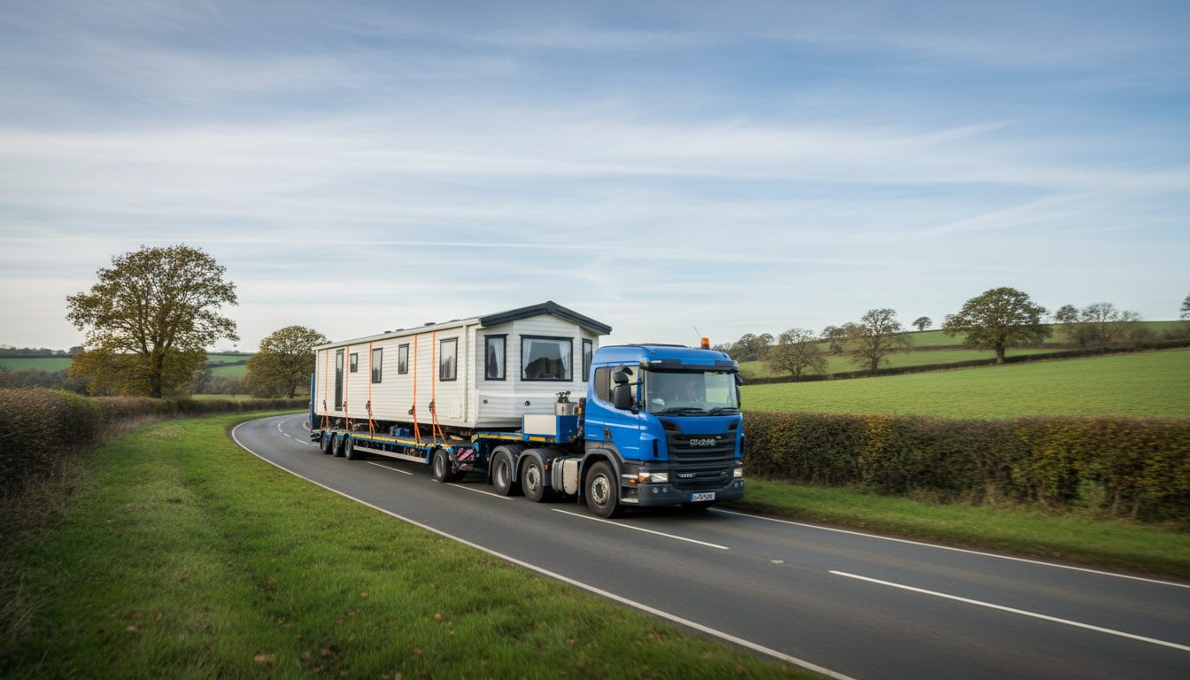 Static caravan being transported along a UK A-road